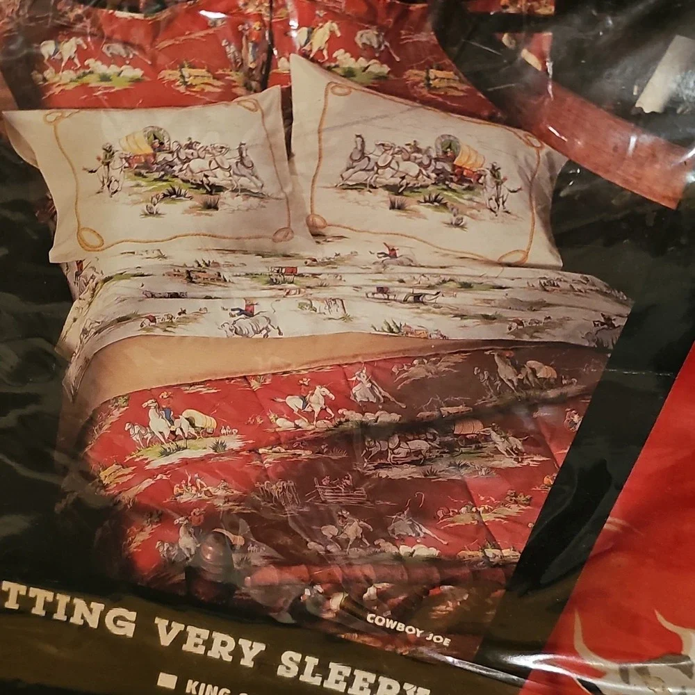 Vintage Joe Boxer Home! Cowboy Joe Queen bed set Red/Beige Western Reversible